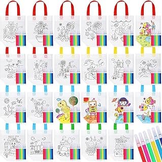 Cute Coloring Goodie Bags for Kids Birthday Party Reusable Cartoon Coloring Party Favor Tote Bags Non Woven Colorful Totes with Colorful Pens DIY Crafts Supplies(48 Pieces,Lovely with Maker) image