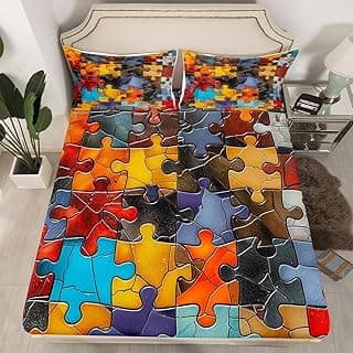Puzzle Kids Fitted Sheet Twin Size,Abstract Geometric Checkered Squares Bedding Set,Boys Girls Room Decor,Gaming Building Blocks Bed Cover,Colorful Retro Bed Sheet,1 Pillowcase(No Flat Sheet) image