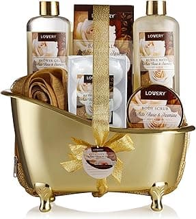 Home Spa Gift Basket, Luxury 13 Piece Bath & Body Set For Men & Women, White Rose & Jasmine Scent - Shower Gel, Bubble Bath, Body Scrub, Salts, 6 Bath Bombs, Pouf, Cosmetic Bag & Gold Tub image