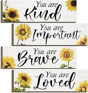 4 Pcs Sunflower Kitchen Decor Inspirational Sunflower Wall Decor You Are Kind Wall Art Rustic Wood Sign Hanging Decoration for Home Office Bathroom Bedroom Living Room(Inspirational Sunflower) image