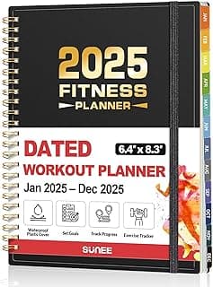2025 Fitness Workout Journal Planner for Women & Men, from JAN 2025 - DEC 2025 Exercise Planner, 6.4" x 8.3" Fitness Tracker Journal Essentials for Goals, Tracking, Gifts with PVC Plastic Cover, Black image
