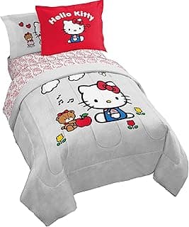 Sanrio Hello Kitty Twin Size Comforter Set - 5 Piece Red & Grey Bedding Includes Sheet Set & Pillow Covers - Super Soft Cozy Kawaii Bedding image