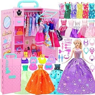 ZITA ELEMENT 108Pcs 11.5 Inch Girl Doll Closet with Clothes and Accessories, Party Dress Gowns, Fashion Dresses, Shoes, Swimsuits, Necklaces, Doll Wardrobe for Toddlers 3 Ages and Up