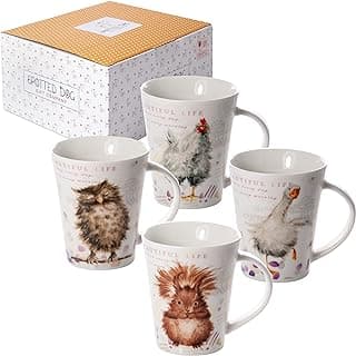 SPOTTED DOG GIFT COMPANY Coffee Mug Set of 4, Cute Mugs with Owl Squirrel Hen Goose Designs, 12oz Ceramic Animal Mugs Tea Cups Porcelain China, Unique Gifts for Animal Lovers Men Women image