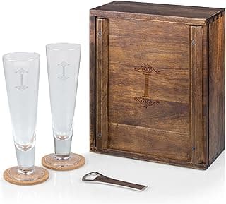 PICNIC TIME LEGACY Monogram Initials I Pilsner Craft Beer Set with 2 Beer Glasses, Personalized Gift For Beer Lovers, (Acacia Wood) image