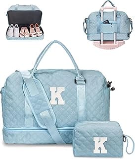 Voguewood Girl Duffle Bag for Tweens with Shoe Compartment, Monogrammed Overnight Travel Bag for Women, Including Wet Pocket & Trolley Sleeve (Letter K)