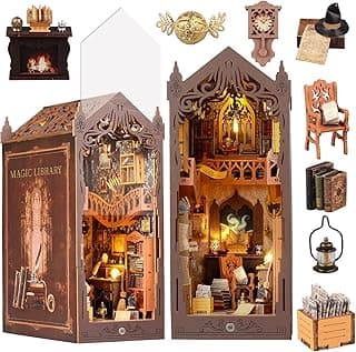 Book Nook Kit with Dust Cover & LED Light, Miniature House Kit for Birthday, 3D Wooden Bookends Puzzle, Bookshelf Decor for Adults, Teens, Beginners (Magic Bookstore)
