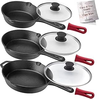 Cuisinel Cast Iron Skillet Set - 6"+8"+10"-Inch + Glass Lids + Silicone Handle Holder Covers - Pre-Seasoned Frying Pan - Oven Safe Cookware - Indoor/Outdoor, Grill, BBQ, Fire, Stovetop, Induction Safe image
