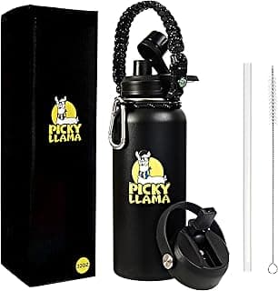 Sports Water Bottle - 32oz, 2 Lids (Straw & Spout), Paracord Handle, Leak Proof, Vacuum Insulated Stainless Steel, Double Walled, 24 Hours Cold, 12 Hours Hot, Reusable (32oz, Black) image