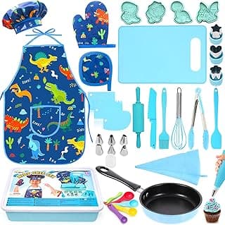 Kids Cooking and Baking Set with Storage Case Complete Cooking Supplies Kids Baking Kit Pretend Play Cooking Toys Dinosaur Apron and Chef Hat for Girls & Boys image