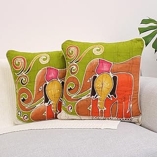 NOVICA Artisan Handcrafted Cotton Cushion Covers Elephant Pair Green Thailand Pillows Throws Patterned Animal Themed [18.5in L x 18.5in W] ' Father and Son' Pair image