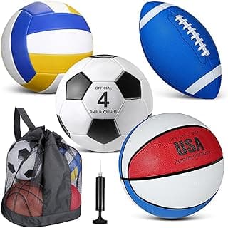 HyDren 4 Pcs Assorted Sport Ball Set Official Size Basketball, Football, Volleyball, Soccer Ball with Equipment Carry Bag and Pump Sport Gift for Kid Youth Christmas Operation Gift image
