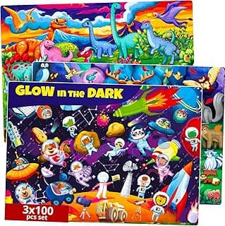 QUOKKA 3x100 Piece Puzzles for Kids Ages 6-8 – Glow-in-The-Dark Puzzles for Kids 8-10 | Space, Dinosaurs, Animals | Fun Educational Puzzles for Boys & Girls – Learning Games & Space Toys Gift for Kids image