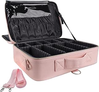 gzcz Travel Makeup Case Large Capacity Cosmetic Case Organizer 16 Inches Waterproof Portable Artist Makeup Storage Bag with Adjustable Dividers and Shoulder Strap for Makeup Brushes Jewelry, Pink image