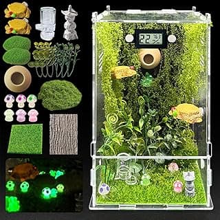 Jumping Spider Enclosure,DIY Insects Habitat,Small Reptile Terrarium Glass House Accessories Set,with Temperature and Humidity Detector Water Feeder Platform Hide,5.5“x5.5”x9.5“ (Forest)
