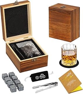Whiskey Stones and Whiskey Glass Gift Set, DIOXADOP 8 Natural Whisky Stones 1 Crystal Whisky Glasses with Blessing Card in Exquisite Wooden Box, Prepare a Gift for a Whisky Scotch Bourbon Lover image