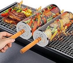 Rolling Grilling Basket (2PCS),304 Stainless Steel,Removable Wooden Handle,Cooking Accessories for Vegetable Meat Food Camping,BBQ Accessories Tools Gift for Men Dad Husband