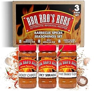 BBQ BROS RUBS (Spicy Style) - Barbecue Spices Seasonings Set - BBQ Rubs - Use for Grilling, Cooking & Smoking - Meat Rub, Dry Marinade, Rib Rub, Steak/ Meat Seasoning - Great on; Steak, Chicken, Pork, Beef & Brisket, Turkey & Seafood - Spicy Sriracha - Smokey Chipotle -Sweet Honey Cajun