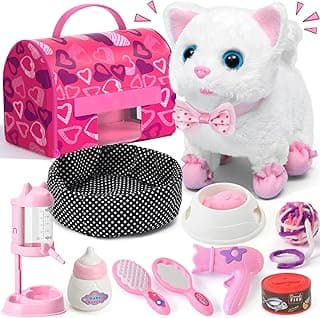 Cat Toys for Kids Girls Gift, Electronic Interactive Plush Toy Cat Can Walk and Meow - 16 Pcs Carrier & Pet Groom Feed Care Pretend Play Set, Birthday Gift for Toddler Little Girl 3 4 5 6 7 8 9