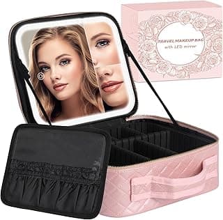 Makeup Bag with LED Mirror and Travel Makeup Train Case Cosmetic Organiser with 2X3X Magnifying Mirror and Separate Makeup Brush Panel, Portable Adjustable Divider Storage Bag, Pink image