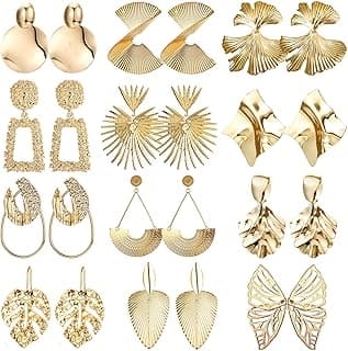 SAILIMUE 12/13 Pairs Gold Statement Earrings for Women Trendy Gold Drop Dangle Geometric Earrings Large Leaf Sectored Twisted Statement Exaggerated Earrings Set Jewelry image