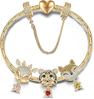 GONA Sterling Silver Charms Bracelet Set S925 Animals Cute Reindeer Tiger Clever Fox Tarnish-Resistant Jewelry Heartful Hugs Collection With Enamel In 14K Gold Plated for Granddaughter Women 7.7in image