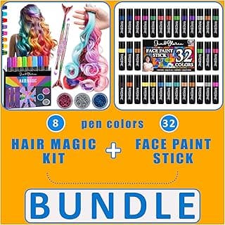 Jim&Gloria Dustless Hair Chalk Include Hair Extensions, Mermaid Brushes Glitters (Set of 17) + Face Paint, 32 Colors with Metallic and Neon image