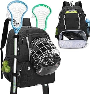 DSLEAF Lacrosse Bag with Stick Holder, Lacrosse Backpack with External Buckle Straps to Fix Helmet, Separate Shoe Space and Other Pockets to Hold Shoes US Mens 13 and Other Lacrosse or Field Hockey Equipment (Patent Design) image