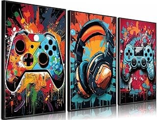 3Pcs Cool Gaming Wall Art Retro Video Gamer watercolor Posters Pictures Colorful Neon Gamepad Canvas Painting Prints for Boys Room Kids Gamer Room Bedroom for Boys Home Decoration
