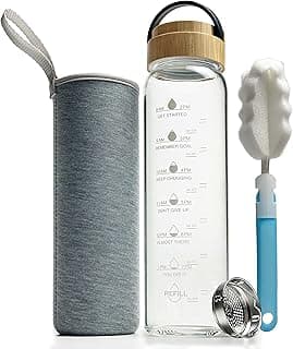 32 oz Motivational Glass Water Bottles with Bamboo Lid Straw and Time Marker - Sports Water Bottle for Drinking image