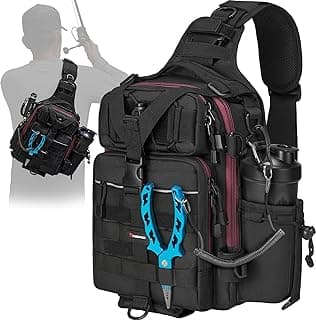 Piscifun Fishing Tackle Bag with Rod & Gear Holder, Lightweight Sling Tackle Storage Bag, Outdoor Fishing Shoulder Pack for Fishing, Hiking, Hunting