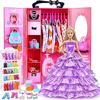 112 Pcs Doll Clothes and Accessories Set with Doll Closet Wardrobe for 11.5 Inch Girl Dolls Including Wardrobe Suitcase Clothes Dresses Swimsuits Shoes Hangers Necklace Bags and Other Stuff