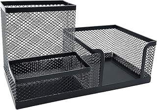 Mesh Desk Organizer,Desktop Organizer Metal Office Supplies Caddy with Pencil Holder and Storage Baskets for Desk Accessories, 3 Compartments Black image