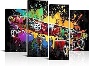 KLVOS 4 Pieces Sport Canvas Wall Art Skateboard Graffiti Picture Street Style Cool Skateboarding Painting Artwork Ready to Hang for Bedroom Boys Room Decor