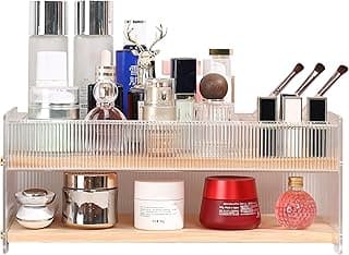 Cosmetic Organizer - 15 Slot Lipstick Holder & Makeup Brush & Skincare/Perfume Organizer, 2 Tier Design,Pine Wood & Acrylic Make up Organizer for Vanity/Makeup Table image