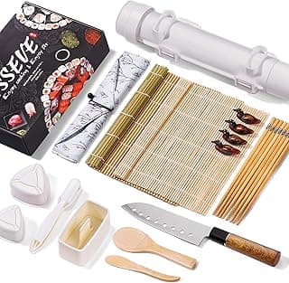 ISSEVE Sushi Making Kit Plus,All In One Sushi Bazooka Maker with Sushi Mold, Bamboo Mat, Bamboo Chopsticks, Sushi Knife,Nigiri Mold,Onigiri Mold,Musubi mold,DIY Sushi Roller Machine image