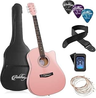 Ashthorpe 41-inch Beginner Cutaway Acoustic Guitar Package (Pink), Full Size Basic Starter Kit w/Gig Bag, Strings, Strap, Tuner, Picks