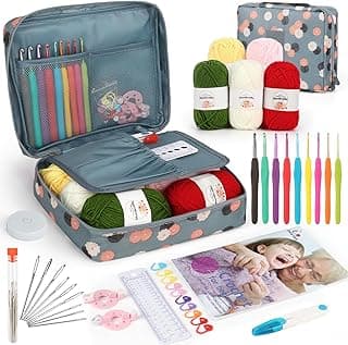 Aeelike Crochet Kit for Beginners with Yarn and Introduction Book, Crochet Starter Kit Everything for Ages 8-12, Learn to Crochet Kit with Ergonomic Soft Grip Crochet Hooks and Blue Flower Bag image