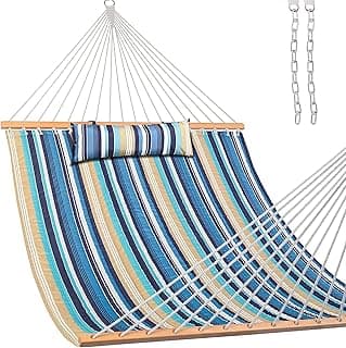 Lazy Daze Hammocks 12 FT Quilted Fabric Double Hammock with Spreader Bars and Detachable Pillow, 450 LBS Weight Capacity, Beaches Stripe