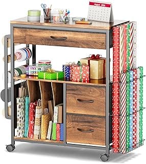 PUNLUXU Wrapping Paper Storage Cart, Rolling Gift Wrap Station with Ribbon and Gift Bag Storage, Wrapping Paper Organizer Holder, Craft Organizers and Storage, Craft Storage Cart 02 Patent Protected image