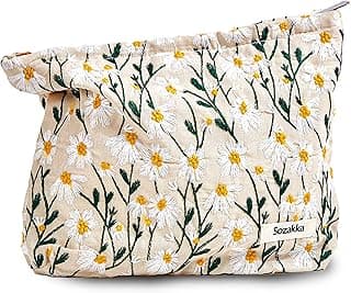 Makeup Bag Cosmetic bag Embroidery Preppy Canvas Toiletry Bag for women Cute zipper pouch Organizer Travel accessories (Little Daisy -Beige, Large) image