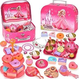 52 Pcs Tea Party Set for Little Girls, Pretend Tin Teapot Set, Princess Tea Time Play Kitchen Toy with Cups, Plates and Accessories for Birthday Easter Gifts Kids Toddlers Age 3 4 5 6 image