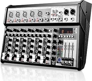 7-Channel Professional Audio Mixer – USB Digital Sound Board with 16Bit DSP, 48V Phantom Power, Multi-Input (XLR, 3.5mm, RCA), DJ Mixer for Home, Studio, Karaoke