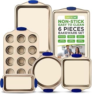 NutriChef 6-Piece Nonstick Bakeware Set - Premium Carbon Steel Baking Trays w/Heat-Safe Silicone Handles - Includes Loaf Pan, Muffin/Cupcake Pan, Round & Square Roaster Pans, Cookie Sheet - NCSBSG36 image