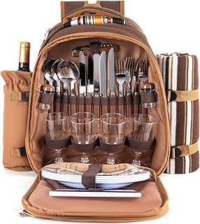 Picnic Backpack for 4 Person, Insulated Picnic Bag Set with Blanket, Cooler Compartment, Wine Bag - Outdoor Family Picnic Backpack Perfect for Beach, Hiking, Camping, Lovers Gifts (Brown) image