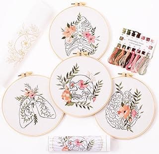 4p Embroidery starter kit with Abstract art patterns and instructions, DIY adult beginner cross stitch kits, including 2 plastic embroidery hoop, 1 pair of scissors, colored threads and needles image