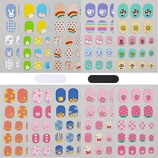 Colorful Kid Nail Stickers Full Nail Wraps for Kids Girls Self Adhesive Nail Strips for Nail Art Decoration Fun Including Rainbow Cat Rabbit Flower Strawberry Heart Sun for Age 8 and Older (10 Sheets) image