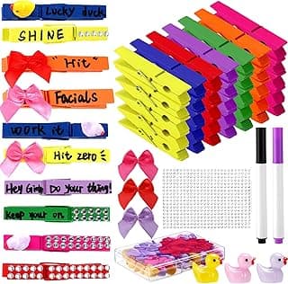 Dingion 60 Set Cheer Pins Spirit Clips Include 60 Wooden Cheer Clothes Pins 30 Mini Resin Ducks 30 Mini Bows and Self Adhesive Stickers Pen Glue Ribbon for Cheerleading Backpacks Gifts(Colorful) image