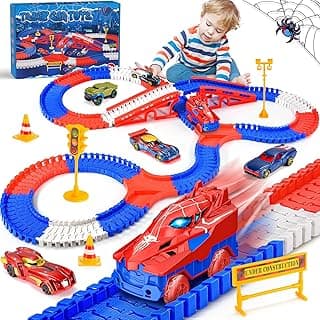 Spider Toys for Boys 3-4: 251 PCS Spider Race Track with 5 Alloy Cars Toys for 3 4 5 6 Year Old Boys Car Tracks for Kids Toddler Boys Age 3-5 4-6 6-8 Birthday Gifts