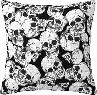 Halloween Skull Throw Pillow Cover, Linen Square Soft Zipper Pillow Case, Double-Sided Printing Gothic Skeleton Pillow Cover, Farmhouse Holiday Decoration for Sofa Bed, 22"X 22" image